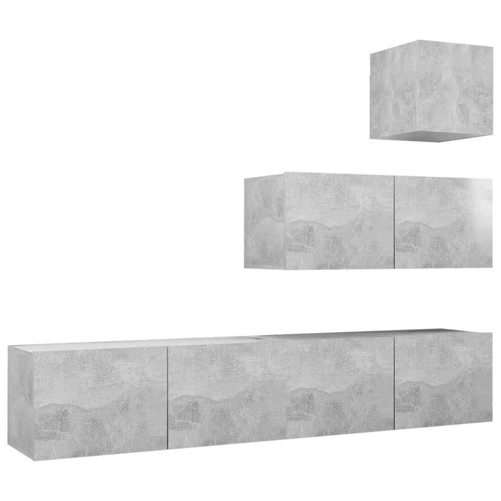 4-TLG. TV-Schrank-Set in Betongrau – Modernes Wand-TV-Board aus Holzwerkstoff, Hängeschrank für Wohnzimmer, Media-Center mit Stauraum-Modulen, Wandmontage
