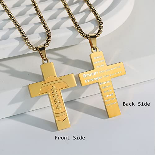 Hattidoris Football Cross Necklace For Boys Inspirational Bible Verse Cross Pendant Stainless Steel Chain 22+2 Inch Football Sports Jewelry Football Gift For Men Women(G-Brave Strong) #TOP1