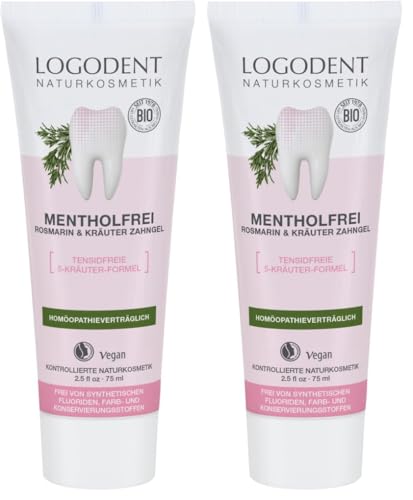 LOGODENT Naturkosmetik - Gel dental sin mentolio, fórmula de 5 hierbas que actúa contra la inflamación, cuida las encías, sin aditivos de fluoruro sintético, vegano, 1 x 75 ml (Paquete de 2)