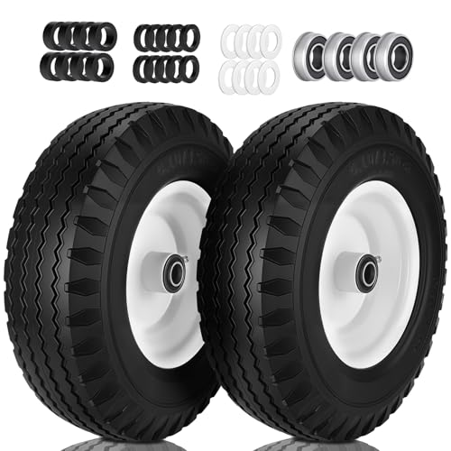 4.10/3.50-6 Flat Free Tire and Wheel with 3/4 & 5/8 Bearings 3-3.5-4.0-4.5 Centered Hub 4.10/3.50-6 Flat Free Tire with Rim Replacement for Wheelbarrow Hand Truck 2 Pack