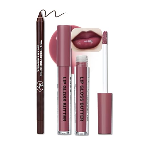 Image of BAISEN DIARY 2PCS Midnight Plum Berry Lip Gloss with Brown Lip Liner Lip Combo Set - 2 Step Overline Volume Lip Kit for Fuller Looking Lips, Hydrating High Shine Gloss & Smooth Glide Contour Pencil