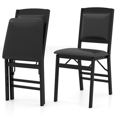 GiantexUK Folding Dining Chairs Set of 2/4, Upholstered Kitchen Chairs with Rubber Wood Legs, Padded Seat and Backrest, PVC Leather Side Seating for Dining Living Room (2, Black, 43 x 55 x 87cm)