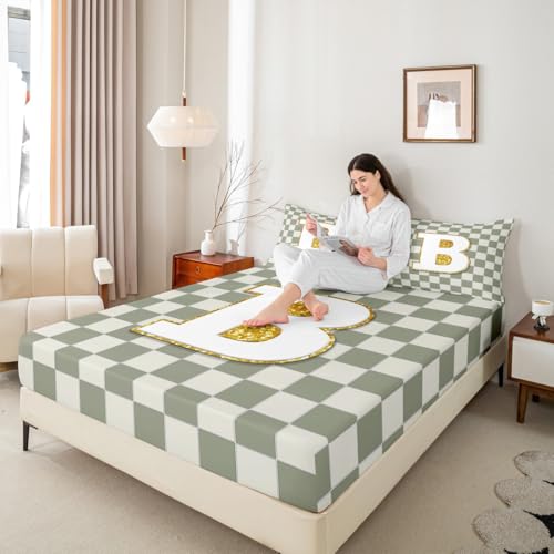 Image of Erosebridal Sage Green Checkered Sheet Set King Plaid Initial B Bed Sheets Personalized Monogram Bedding for Kids Boys Girls,Fashion Grids Gingham Bed Sheets Set 4 Piece