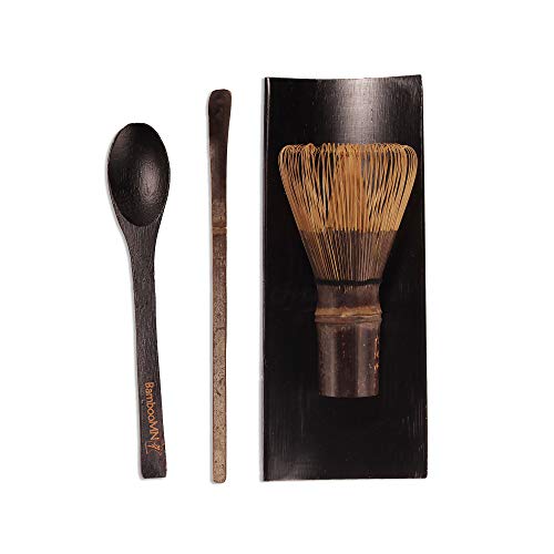 BambooMN Matcha Whisk Set - Chasen (Tea Whisk), Chashaku (Hooked Bamboo Scoop), Tea Spoon - Black