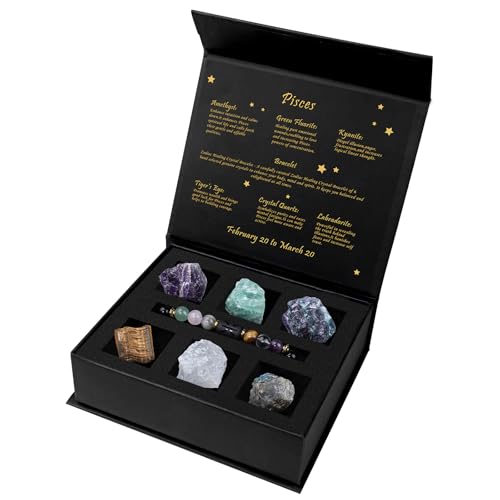 GolbalJew Pisces Crystals Gift Set, Zodiac Signs Healing Crystals Birthstones with Horoscope Box Set Pisces Astrology Crystal Bracelet Healing Stones Gifts