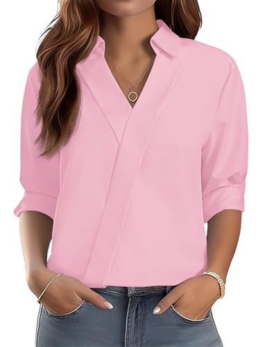 Image of LOMON 3 /4 Length Sleeve Womens Tops Dressy V Neck Collared Shirts Trendy Business Casual Work Blouses Vacation Outfits 2026