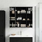 Teenpull Armadietto da bagno a specchio nero effetto rovere, 63,5 x 16 x 62,5 cm, con vano portaoggetti, ripiani regolabili, montaggio a parete, specchio su entrambi i lati, salvaspazio, per mobili da