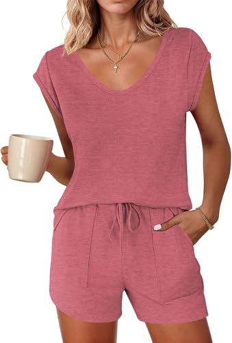 Image of Ekouaer Womens Pajama Sets 2 Piece Lounge Sets Comfy Short Sleeve Tops and Shorts Cute Pjs Outfits Set S-XXL