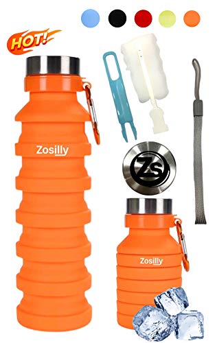 ZoSilly Orange Collapsible Water Bottle, Lightweight Reusable BPA Free Silicone for Travel Sports