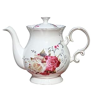 Jomop European Style Ceramic Flower Teapot Coffee Pot Water Pot Porcelain Gift Large 5.5 Cups (1, Rose)