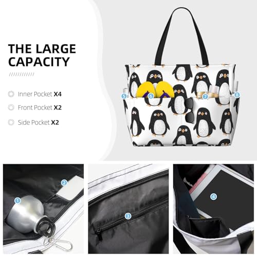 Large Beach Bags for Women Sandproof - Cute Penguin Cartoon Print Summer Travel Work Tote Bags with Zipper3