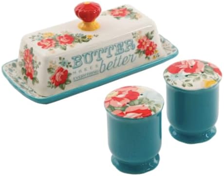 Salt and Pepper and Butter Dish Set Vintage Floral