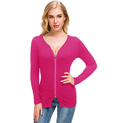 Image of Afibi Women V Neck Zip Front Long Sleeve Casual Top Blouse Shirt /Cardigan