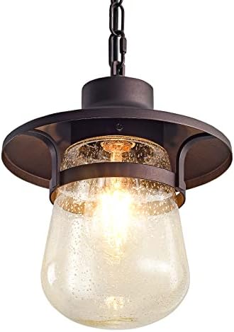 UP TO NEW Outdoor Pendant Lights for Porch, Farmhoues 1-Light Outside Hanging Porch Light, Outdoor Pendant Light Waterproof Anti-Rust in Brown Finish with Seeded Glass