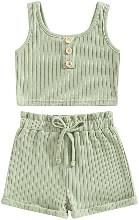 MOREELUCK Toddler Baby Girl Summer Clothes Shorts Set 2PCS Casual Ribbed Tank Top Camisole and Drawstring Short Bottoms Tracksuit (A Green, 2-3 Years)