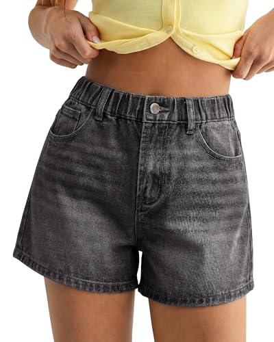 luvamia Jean Shorts for Women High Waisted Baggy Wide Leg Elastic Waist Mom Denim Shorts 4" Inseam Casual Summer Jorts Vintage Black Size Small Fits US 4-6