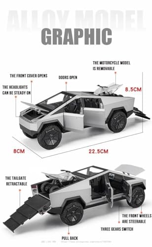 Image of MTG Metro Toys & Gift - TESLA CYBERTRUCK PICKUP WITH MOTORCYCLE | 1:24 Scale | Diecast model Metal pull back toy car for kid with Openable Doors & Light,Music Toy vehicle for kids【Colors as Per Stock】