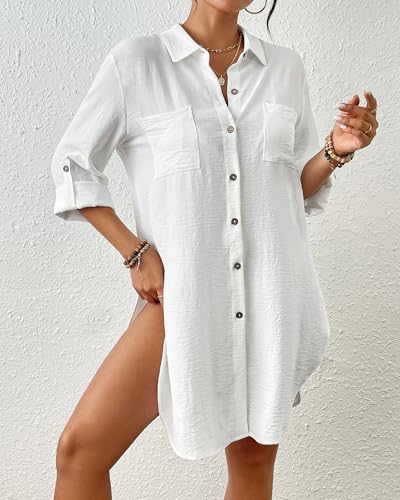 Bsubseach Swimsuit Coverup for Women 2025 Button Down Linen Beach Shirt Dress Bathing Suit Cover Ups Cruise Outfits3