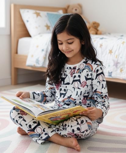 Image of Anthrilo Pajama T-Shirt Set for Girls | Kids Night Suit for Girls | Nightwear | 100% Cotton Pyjama Set Panda Print White | Long Sleeve T-Shirt and Pajama | 3-4 Years