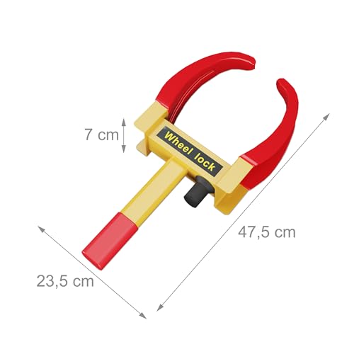 Relaxdays Radkralle für PKW, Parkkralle Sicherheitsschloss, Anhänger & Wohnwagen, Diebstahlschutz Auto, Stahl, gelb-rot