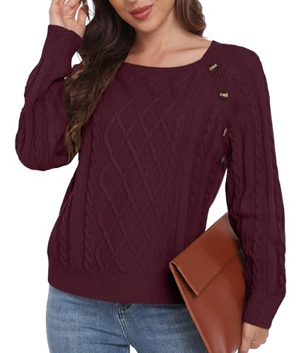 GRECERELLE Pullover Damen Elegant Strick Winter Klassische Langarm Rundhals Tops Strickpullover Damen Sweater Herbst (Weinrot, XL)