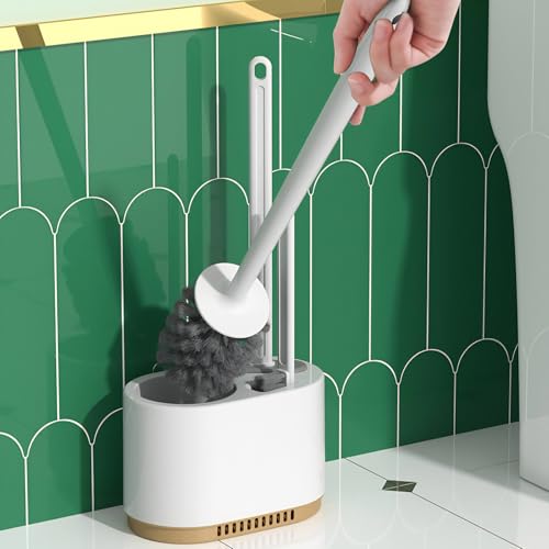 Image of Toilet Bowl Brush and Holder,3 in 1 Silicone Toilet Brush Toilet Cleaner Brush for Bathroom Cleaning White Bathroom Accessories Floor Standing or Wall Mounted Toilet Scrubber Brush