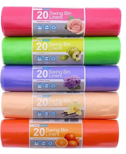Blue Finch 100 Scented Swing, Tall Bin Liners 50L capacity each with tie handles perfect for everyday use in home, office, kitchen and bathroom 5 colours & scents 5 rolls of 20 liners total 100 Bags