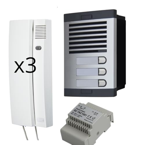 Portero Automático con Sistema de analogico 4+n, para comunidades Completo :Placa Calle,telefonillos Caja de empotrar y Fuente de alimentacion. gran calidad de fabricacion (3 viviendas)