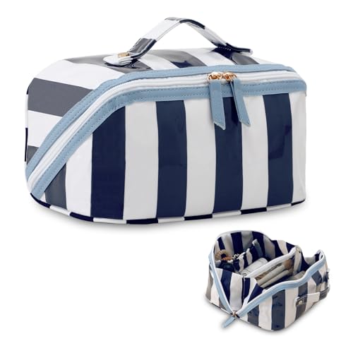 DYSHAYEN Stripe Travel Makeup Bag, Waterproof, White-Navy