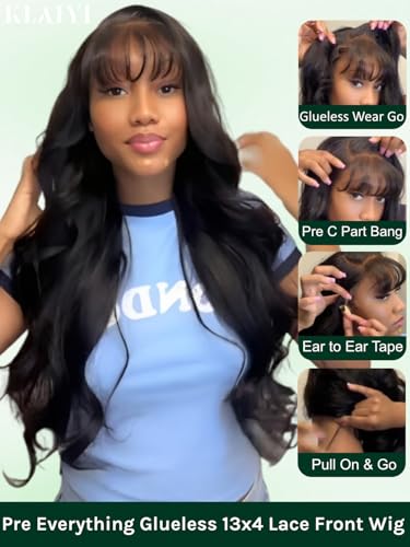 Image of KLAIYI Pre everything 13x4 Lace Front Natural Loose Body Wave With Curtain Bang Glueless Put on and Go Human Hair Wigs Side Part Drawstring Bye Bye Knots Pre Plucked Bleached Ready to Wear Wig 16Inch