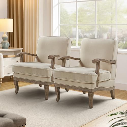 HULALA HOME Mid-Century Modern Accent Chairs Set of 2, Upholstered Lounge Arm Chair with Solid Wood Legs and Armrest, Removable Cushion Comfy Reading Armchair for Living Room, Bedroom, Balcony, Linen