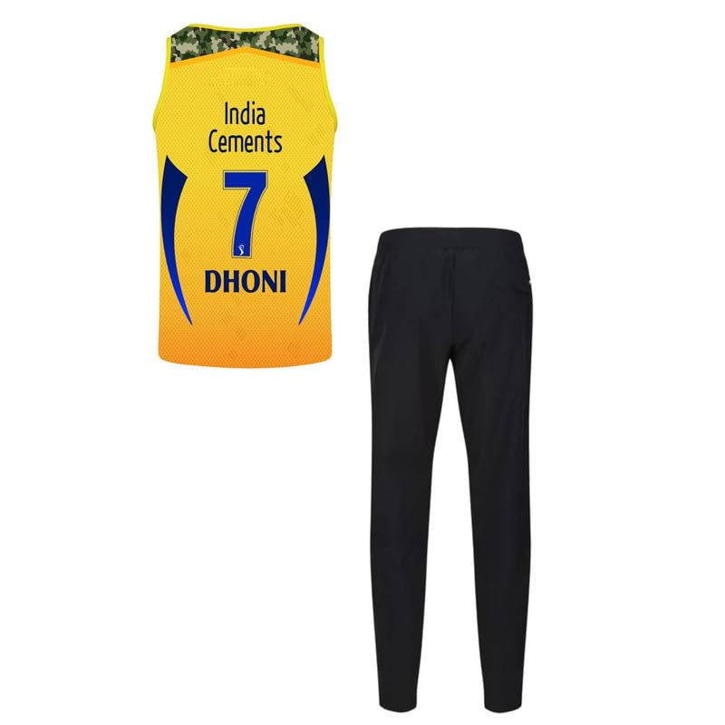 Image of CSK thala Dhoni 7 Official Cricket Team Jersey with Black Shorts for Boys and Men(14-15Years,Multicolor-8)