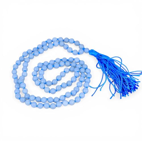 Mala angélite bleue 108 perles de 6 mm : collier méditation et yoga