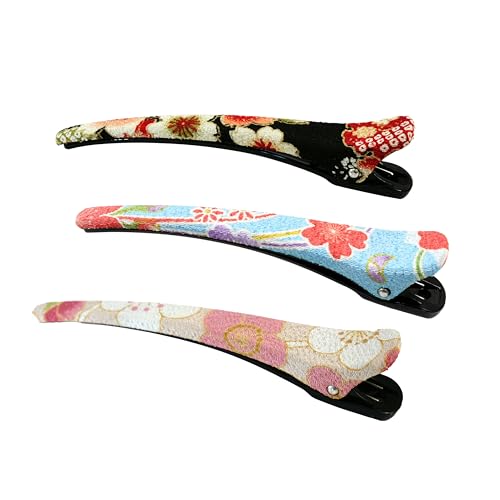 花ちりめん バレッタ お得なセット1（3個入） 和柄 着物 ヘアクリップ 髪留め ヘアアクセサリー 日本製 お土産 セット1（薄梅、水色、赤黒）