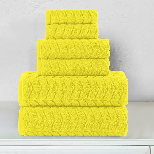 Image of Elegant Comfort Luxury 6-Piece 100% Turkish Cotton Jacquard Braided Textured Premium Hotel Quality Towel Set- Soft and Absorbent, Includes 2 Bath Towels, 2 Hand Towels and 2 Washcloths, Yellow