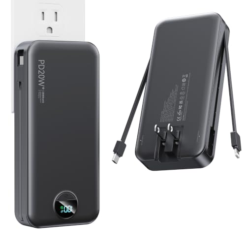 Image of Nusyddy Portable Charger 20000mAh PD20W w /Built-in Cables & Wall Plug Black | PD20W Fast Charging, High Capacity, LED Display, Charge 5 Devices at once, TSA Approved, Compatible with iPhone /iPad /Samsung