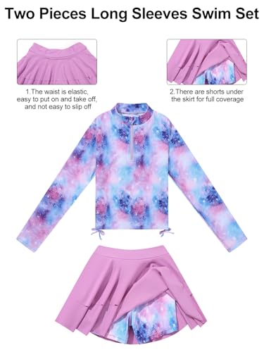 Girls Rash Guard Two Piece Swimsuit Long Sleeve UPF 50+ Bathing Suit Swim Skirt with Shorts Tankini Swimwear 4-10Y4