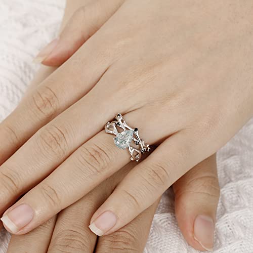 Irroya 925 Silver Vines Style Ring Sets - Solitaire Pear Cut 6X9Mm Natural Moss Agate Bridal Sets - Art Deco Gemstone Rings - Accents Black Spinel Wedding Band - Platinum Plated Sterling Silver Promise Ring - Vintage Rings Gifts For Wife - Gifts For Women - Promise Rings For Her (5) #TOP6