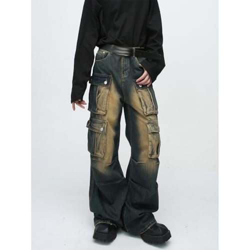 Wide Leg Vintage Denim Pants with Multi Pockets Loose Fit Cargo Jeans for Men3