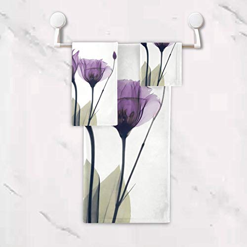 Alaza Purple Tulip Floral Bath Towel Set Luxury Decorative Set Of 3, 1 Bath Towel 1 Hand Towel 1 Washcloth Soft Multipurpose For For Bathroom Hotel Gym Yoga Spa #TOP4