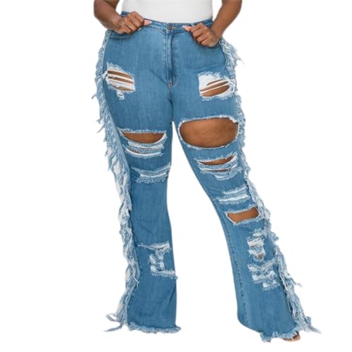 Women Plus Size Ripped Stretch Skinny Flare Jeans, High Rise Distressed Denim Jeans