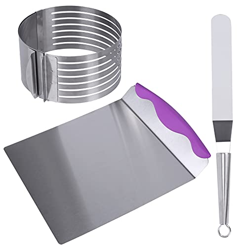 FINDIR 3pcs Cercle a Patisserie Réglable + Grattoir à Pâte 240 x 200mm + Couteau à Gateau 200 x 30 mm Cercle à Gâteaux à Trancher Réglable en Acier Inoxydable - Convient au Diamètre de 6 à 8 Pouces