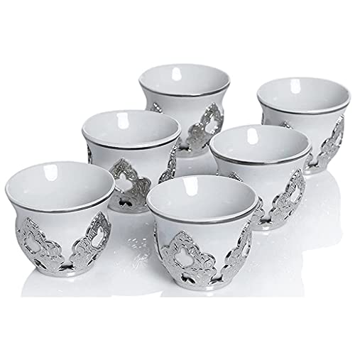 SGSG Juego de Tazas de café de Porcelana con Soportes para cumpleaños de Plata para 6 Personas, Fabricado en Turquía