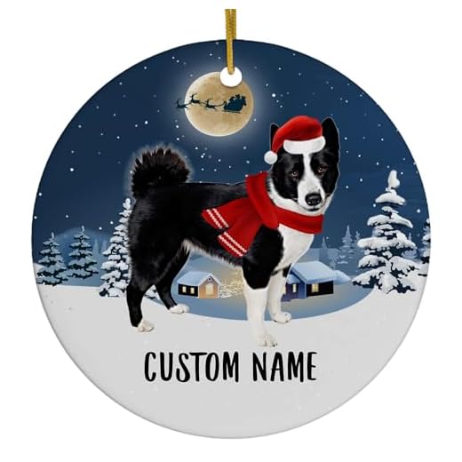 Personalized Black White Karelian Bear Dog Christmas Ornament 2026 Circle Ceramic - Winter Night Scene Custom Name Pet Portrait Xmas Tree Decor Gifts for Karelian Bear Dog Lovers