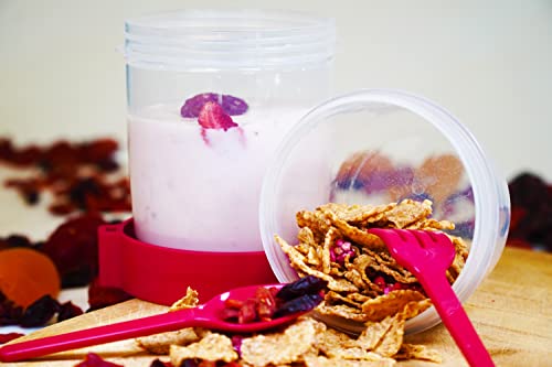 Salda 2 Pack 22 Oz Breakfast On The Go Cups, Take And Go Yogurt Cup With Topping Cereal Cup With Spoon And Fork, Overnight Oats Or Oatmeal Container Jar, Colorful Set Of 2 (Red And Pink) #TOP1