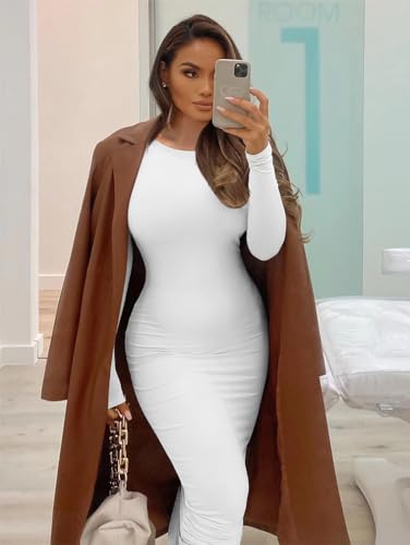 Image of XXTAXN Women's Sexy Bodycon Long Sleeve Round Neck Work Office Maxi Pencil Dress White, Small