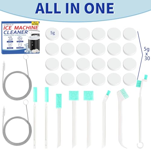 Image of Ice Machine Cleaner Kit - 30Pack Ice Maker Cleaner Tablets - 10Pcs Pipe & Crevice Brush Set - Commercial & Portable Countertop Icemaker Cleaning Solution