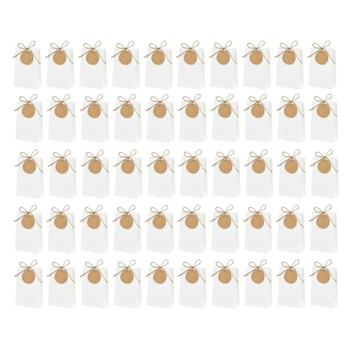 Flaroey Paquete de regalo de papel kraft de 50 unidades con etiquetas de cinta, bolsa para embalaje de galletas, caramelos, bodas, cumpleaños, fiestas, decoraciones, blanco