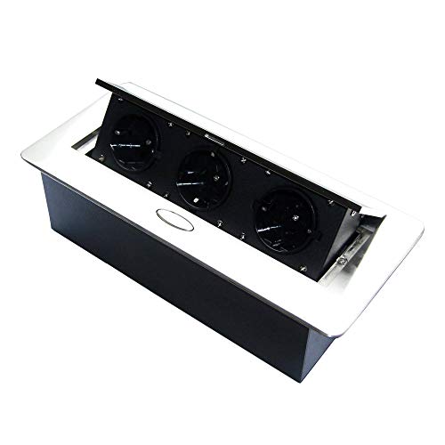 Versenkbare Steckdose für Küche und Büro mit Softöffnung - Ideal für Arbeitsplatte, als Tischsteckdose oder Bodensteckdose - Aluminium Spritzguss mit drei Steckdosenelementen | silber Cover