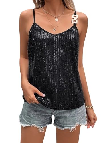 Women´s Shine Sequin Cami Tops Sexy Sleeveless Spaghetti Strap V
